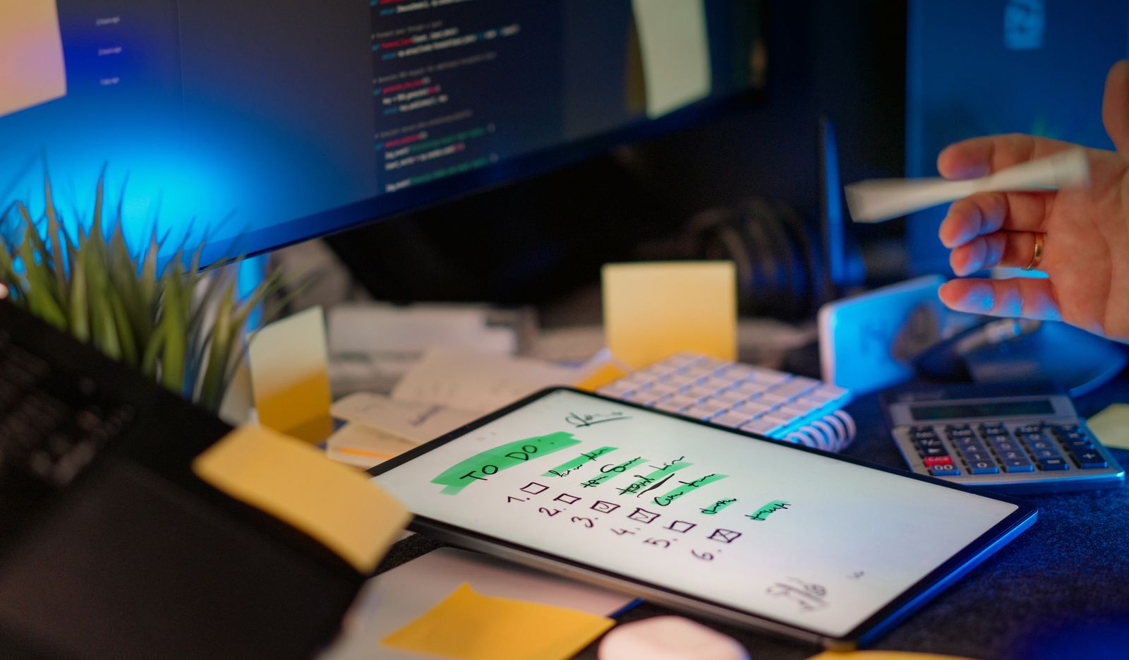 A handwritten to-do list on a tablet surrounded by sticky notes on a desk