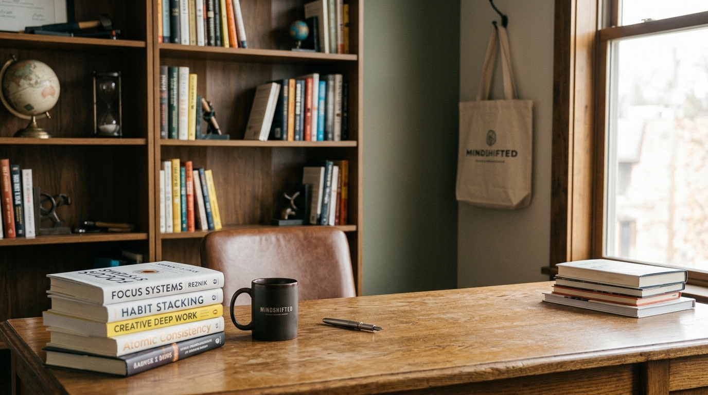 Clean wooden office desk with stacked books, a Mindshifted coffee mug, and a bookshelf background representing resource curation.