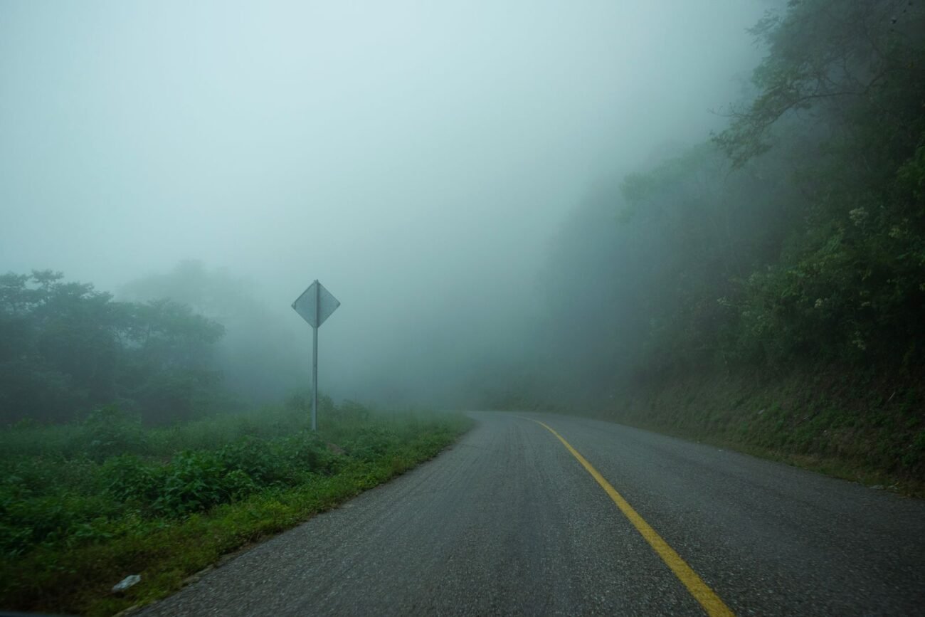 An empty road disappearing into thick fog with a barely visible sign