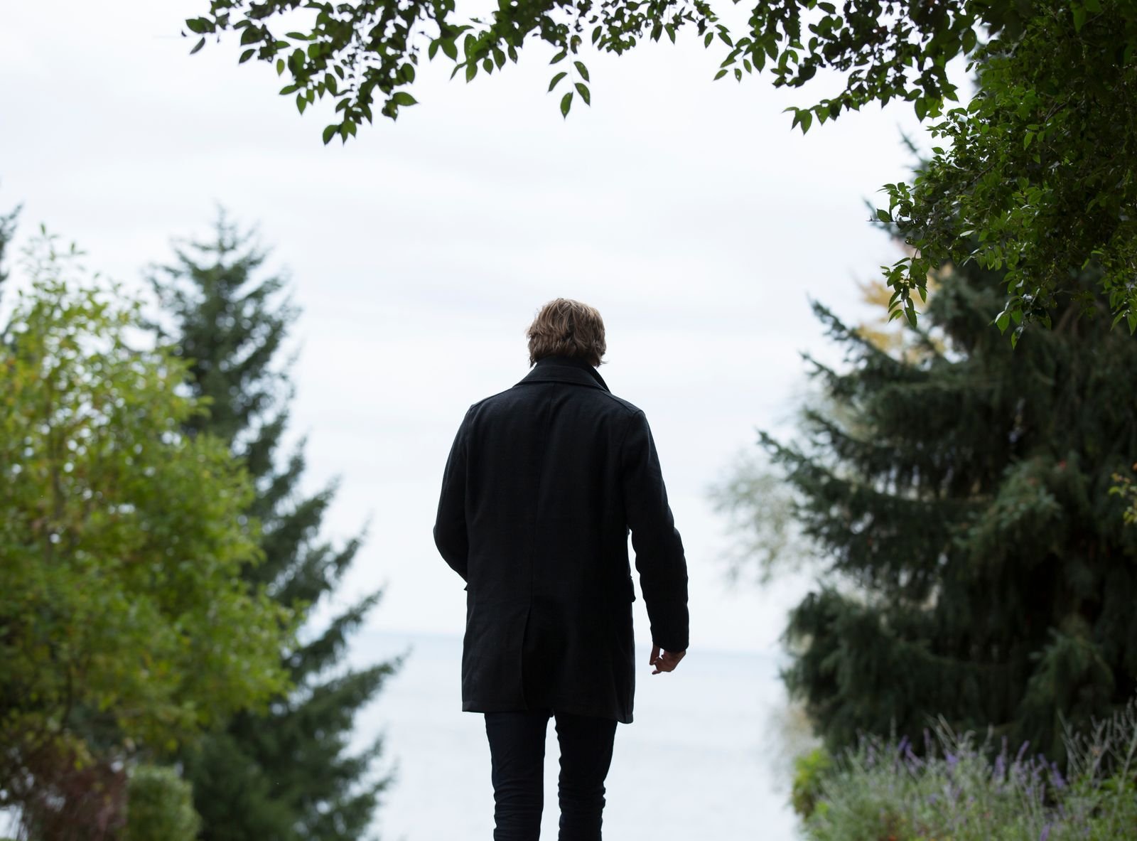 A person seen from behind walking among trees in a calm natural setting